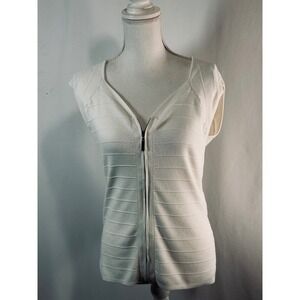 Adrienne Vittadini Cream Textured Ribbed Full Zip V-Neck Knit Top Vest Large